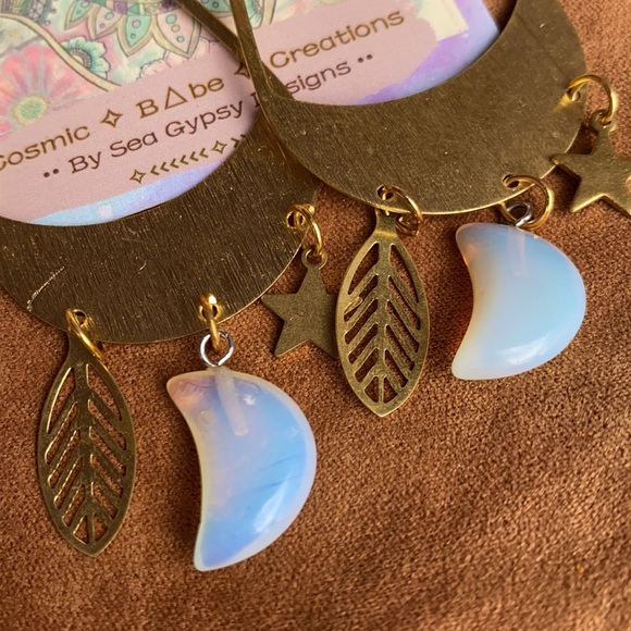 Opalite Moon ๐ Brass Earrings || boho babe || good vibes || handmade - Picture 7 of 8